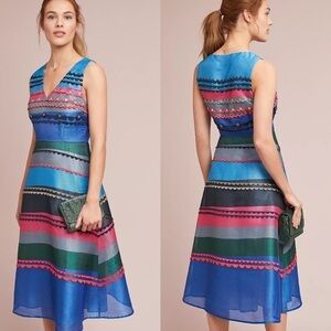 ANTHROPOLOGIE PANKAJ & NIDHI PRISMA STRIPED FIT & FLARE MICRO PLEAT V NECK DRESS